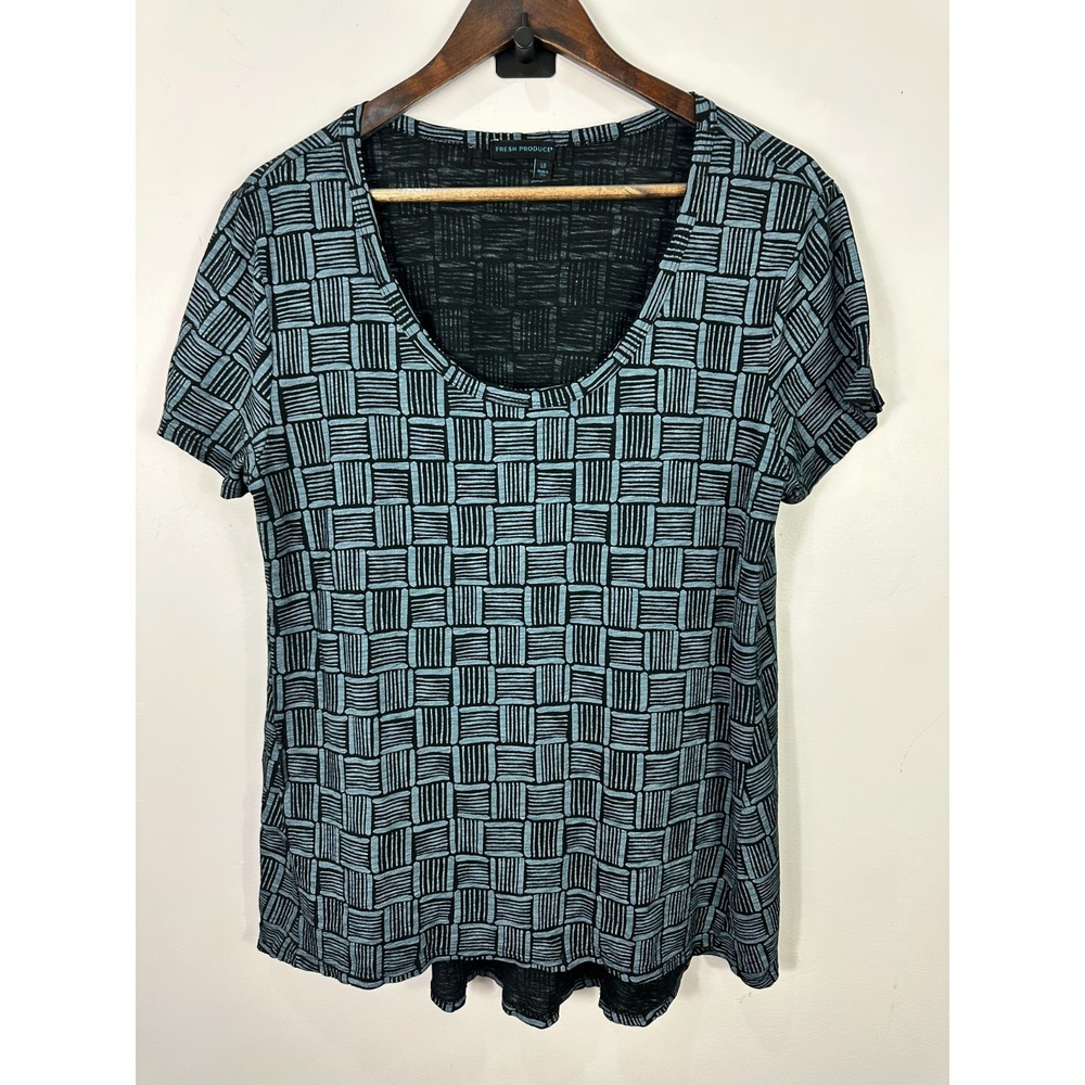 Fresh Produce‎ Top Womens Large Blue Black Geometric Cotton Short Sleeve Artsy